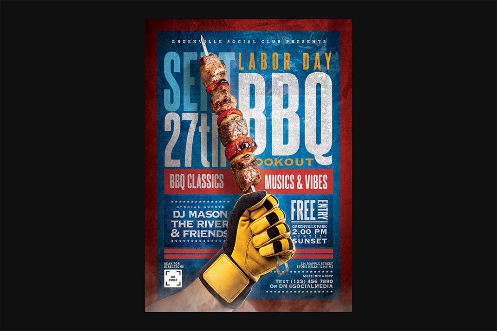 igh-resolution centered preview of the Labor Day BBQ cookout flyer design with clean typography and vibrant colors.