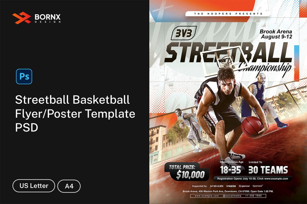 Streetball Street Basketball Tournament Flyer Template featuring the main sports poster design with a basketball player in action next to US Letter and A4 format specifications in PSD.