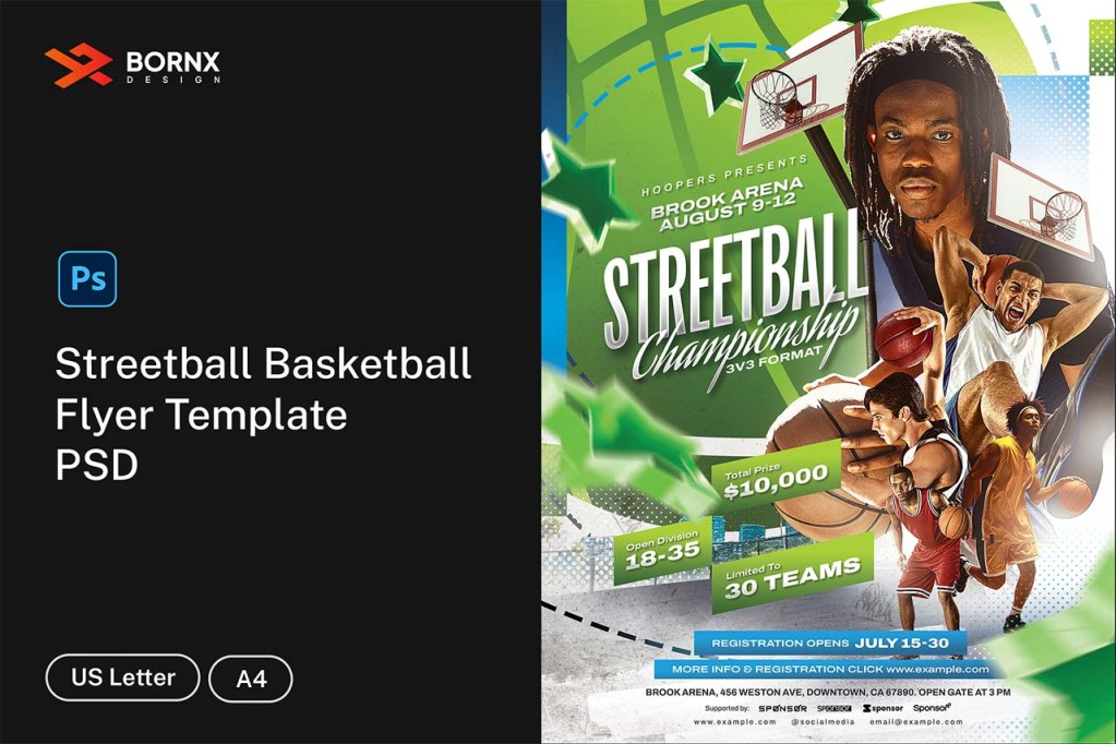 Editable Streetball Basketball Flyer PSD featuring a dynamic green and blue urban sports collage design in Adobe Photoshop.