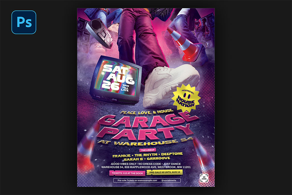 Main presentation cover of the Garage Party House Music Flyer Template PSD by Bornx Design, featuring a vibrant Y2K club aesthetic with floating retro objects. Available in US Letter and A4 formats.