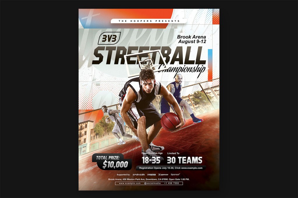 Streetball Street Basketball Tournament Flyer Template displaying the full high-energy urban court scene, $10,000 prize text, and bold championship typography in PSD.
