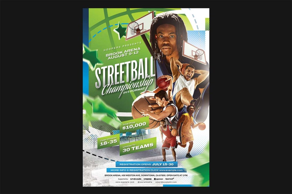 Editable Streetball Basketball Flyer PSD template in A4 format.
