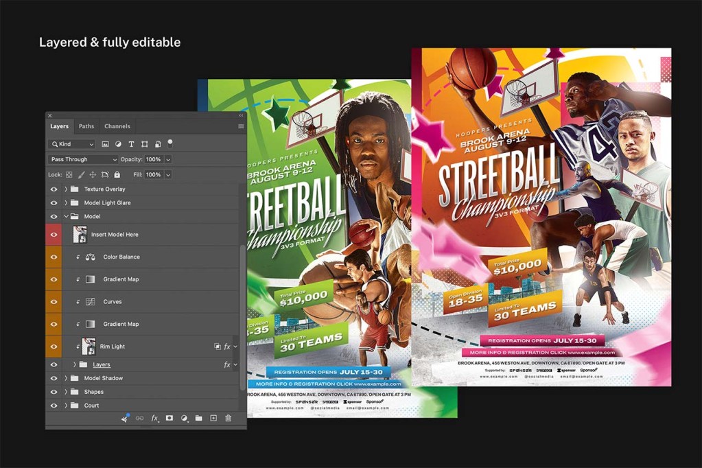 Fully layered Streetball Basketball Flyer PSD template.