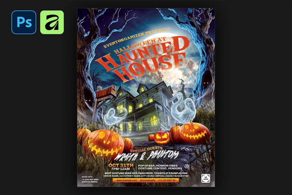 Haunted house Halloween party flyer template with full moon, ghosts, and pumpkins
