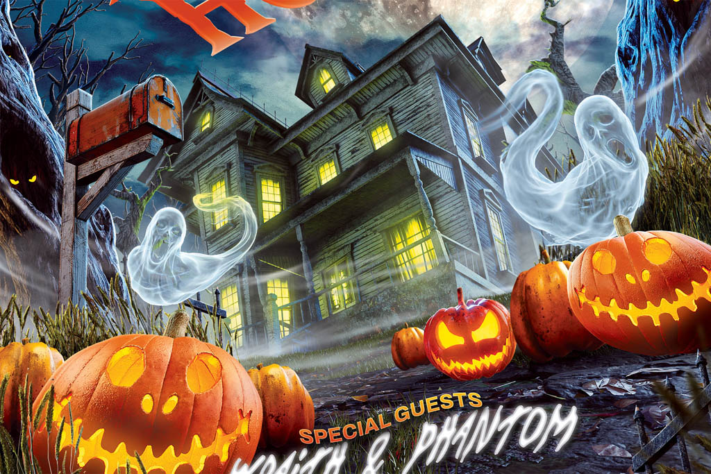 Close-up detail of haunted house Halloween flyer template ghosts and carved pumpkins